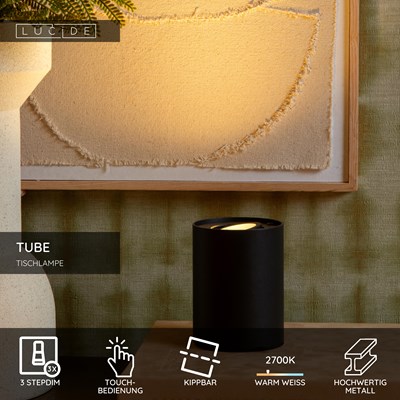 Lucide TUBE - Tischlampe - Ø 9,6 cm - LED 3 StepDim - GU10 - 1x5W 2700K - Schwarz